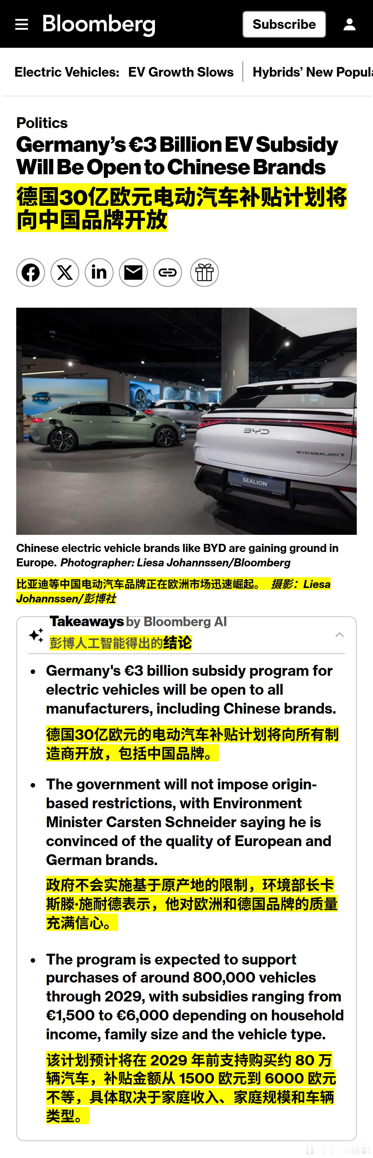 彭博社：德国30亿欧元电动汽车补贴计划将向中国品牌开放 
