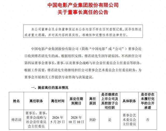 “中国电影”董事长傅若清离职，曾参与出品多部大片