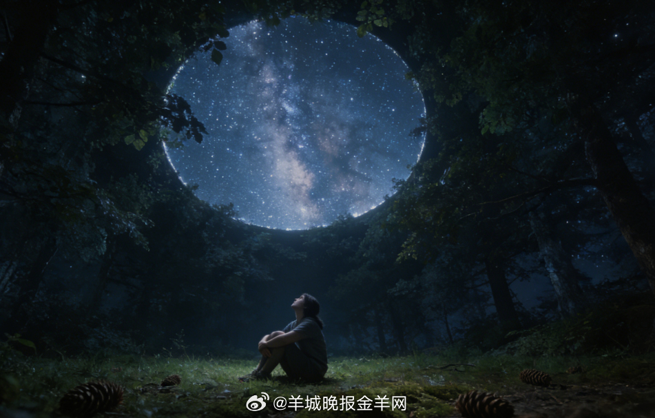 晚安 森林中的小小空地，夜空下茂密树叶与树枝围城圆形天窗，圈中银河璀璨，繁星点点