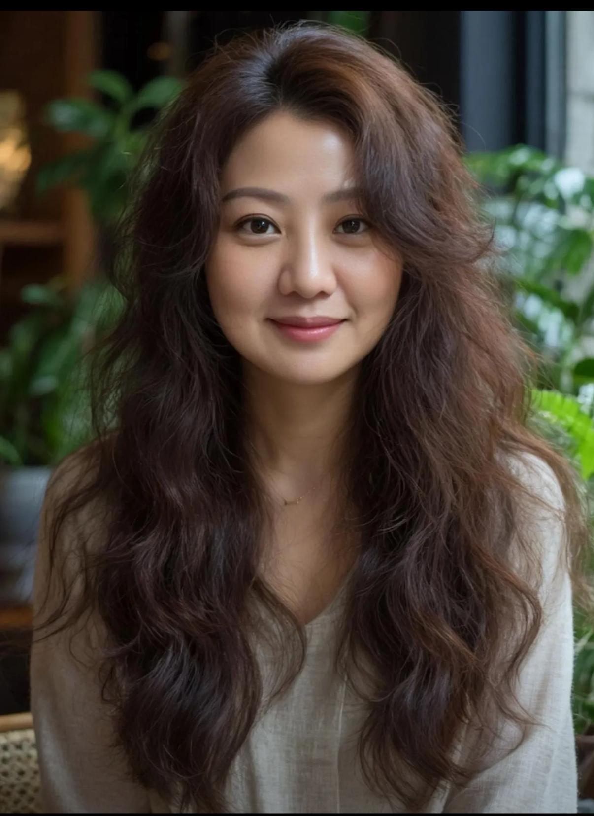 温柔微笑，自然卷发，咖啡馆里的美好时光。
韩系暖阳卷发