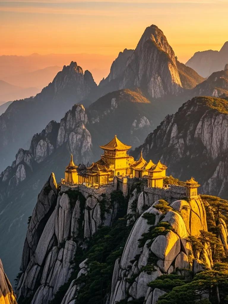 夕阳中的庐山，像是一座金色的城堡。每一处峰回路转都有光影的魔法，古老的石头在夕阳