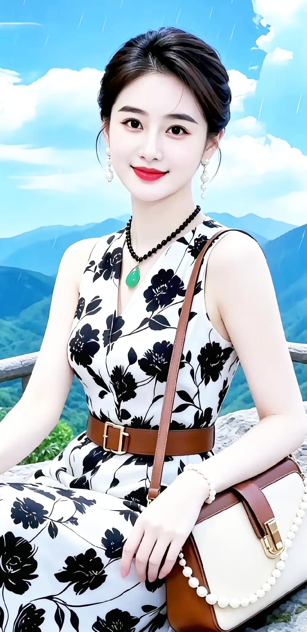 这位女士在山间风景中微笑。