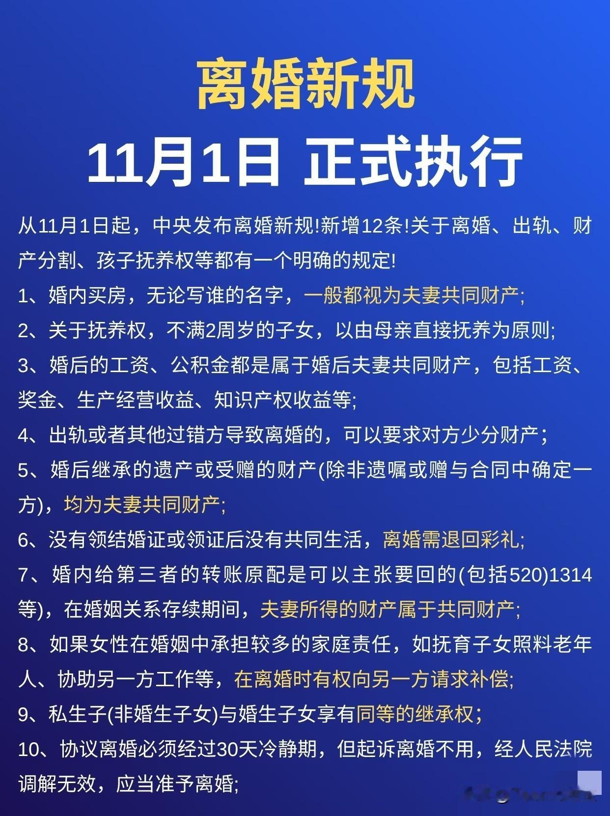 离婚新规
11月1日 正式执行
其中包含12条规定
你认为哪一条你最不能接受或理