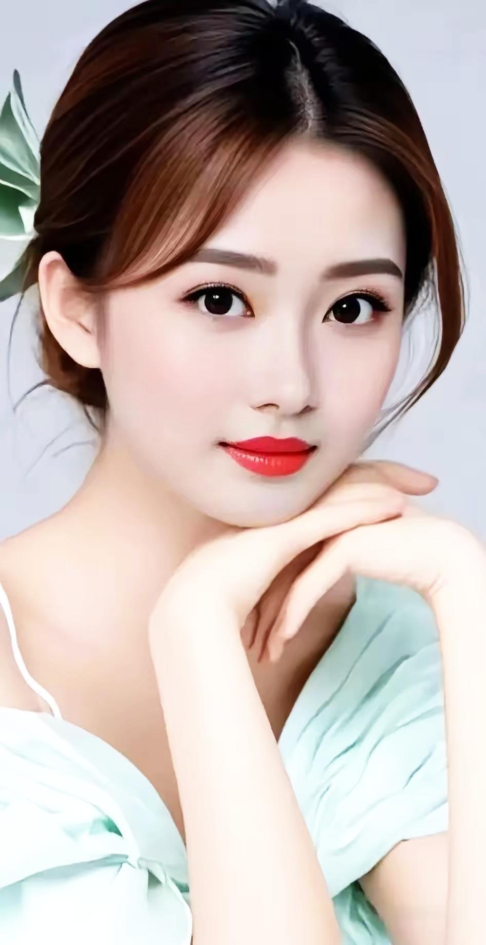 温柔甜美的少女，浅绿色连衣裙，红唇微笑，清新自然。
