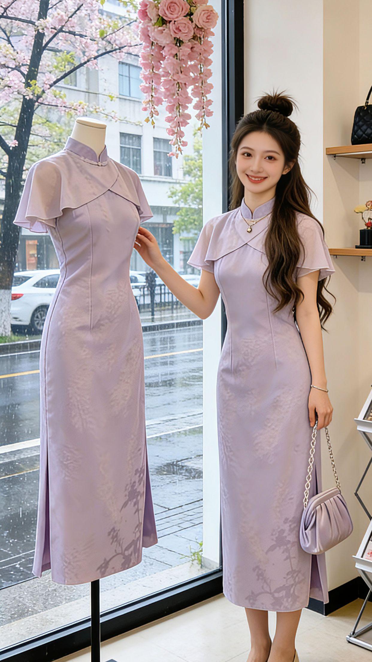 春日里的东方浪漫，都藏在这条淡紫改良旗袍里。Danny穿着它走过雨天的街角、开满