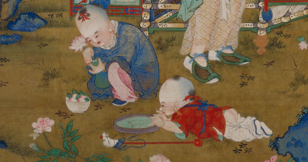 明朝《春景货郎图轴》里面小孩的发型，卤门必留头发
