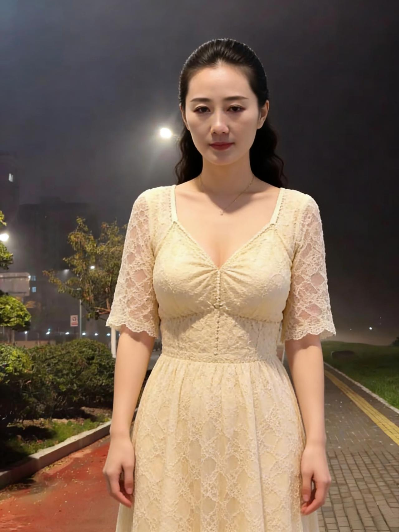 裙影飘飘立街隅，灯光如水映娇躯。
人间烟火添温柔，不借春风也胜书。