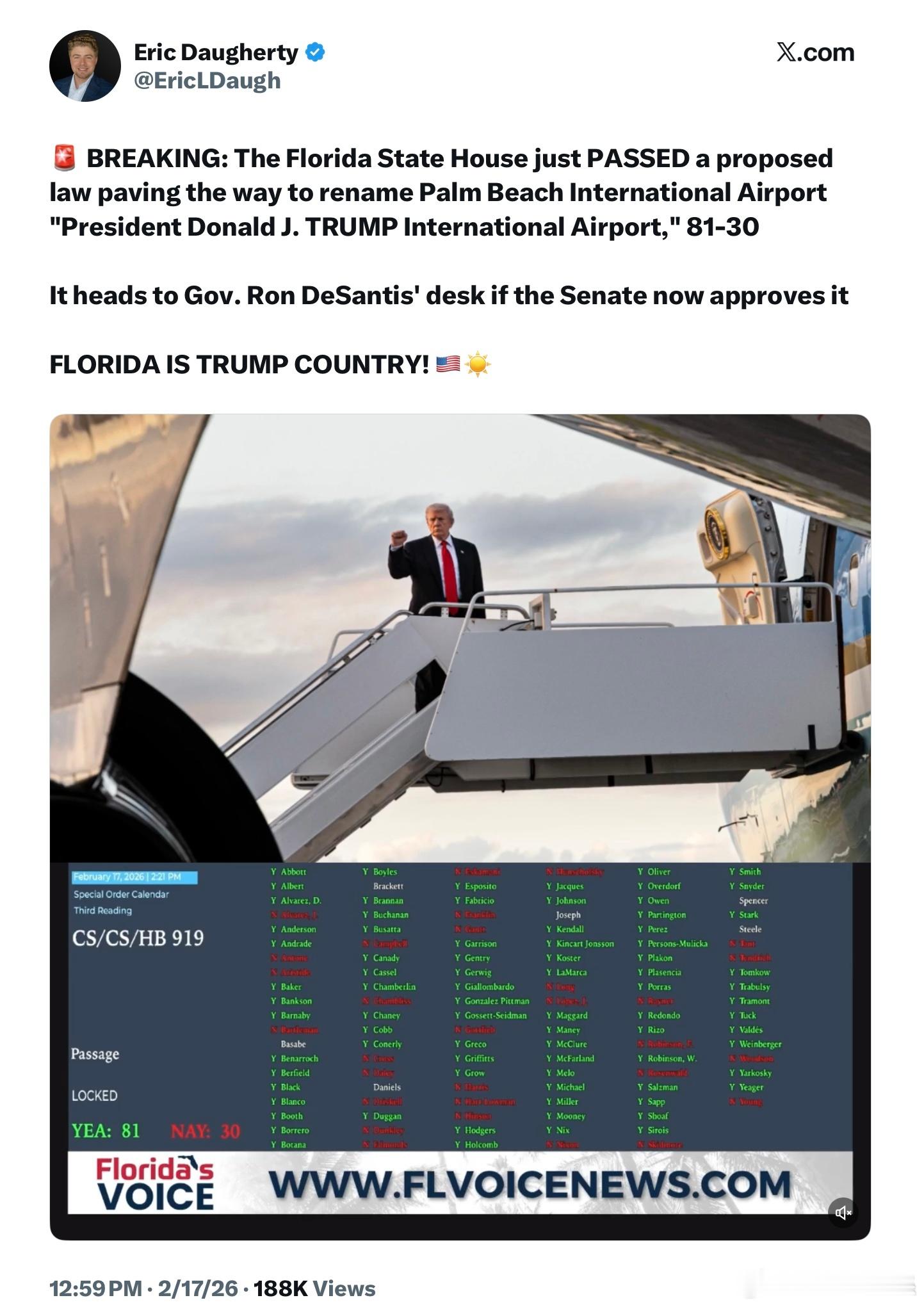 佛羅里達州眾議院剛剛以81-30票通過一項提案，為將棕櫚灘國際機場更名為「唐納德