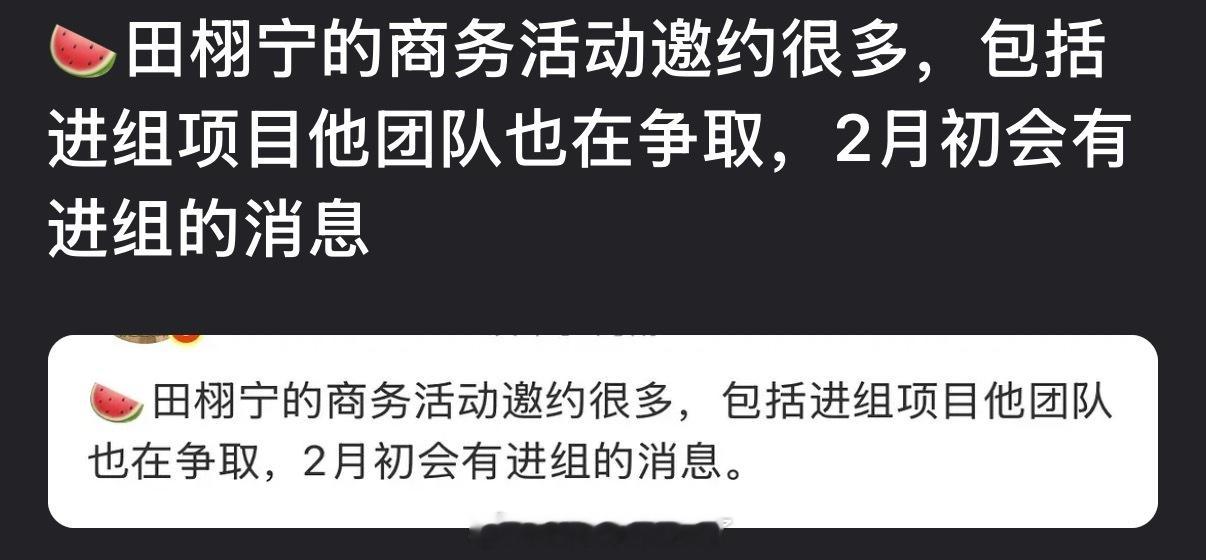 网传田栩宁的商务活动邀约很多，包括进组项目他团队也在争取，2月初会有进组的消息，