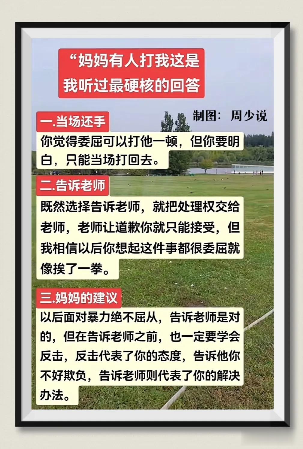 妈妈，有人打我！这是我见过最硬核的回答，第一是当场还手，第二是告诉老师。 家有孩