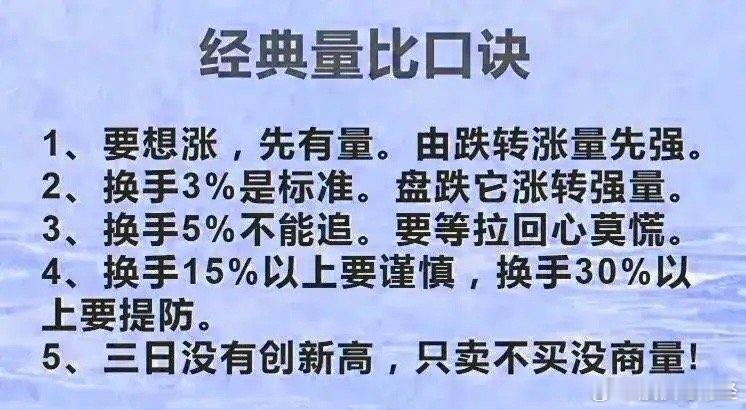金典量比口诀1、要想涨，先有量。由跌转涨量先强。2、换手3%是标准。盘跌它涨转强