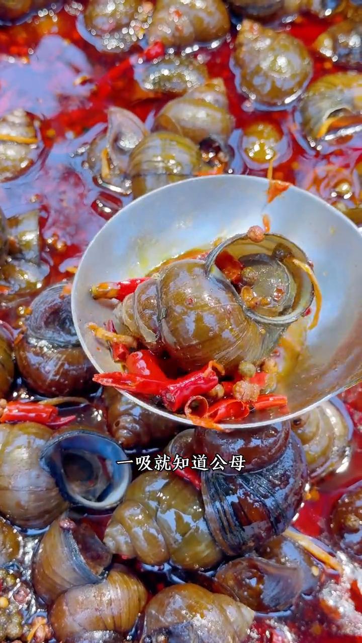 麻辣田螺。
昨天晚上给一广西客户吃饭，上来一盘田螺，他拿起来一个一吸就说公的，这