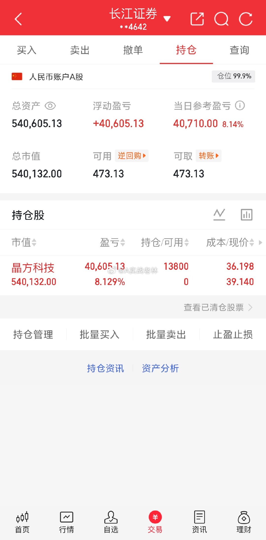 5月22日：老林实盘挑战翻倍之旅（初始50万）第1天总资产：540605当日参考