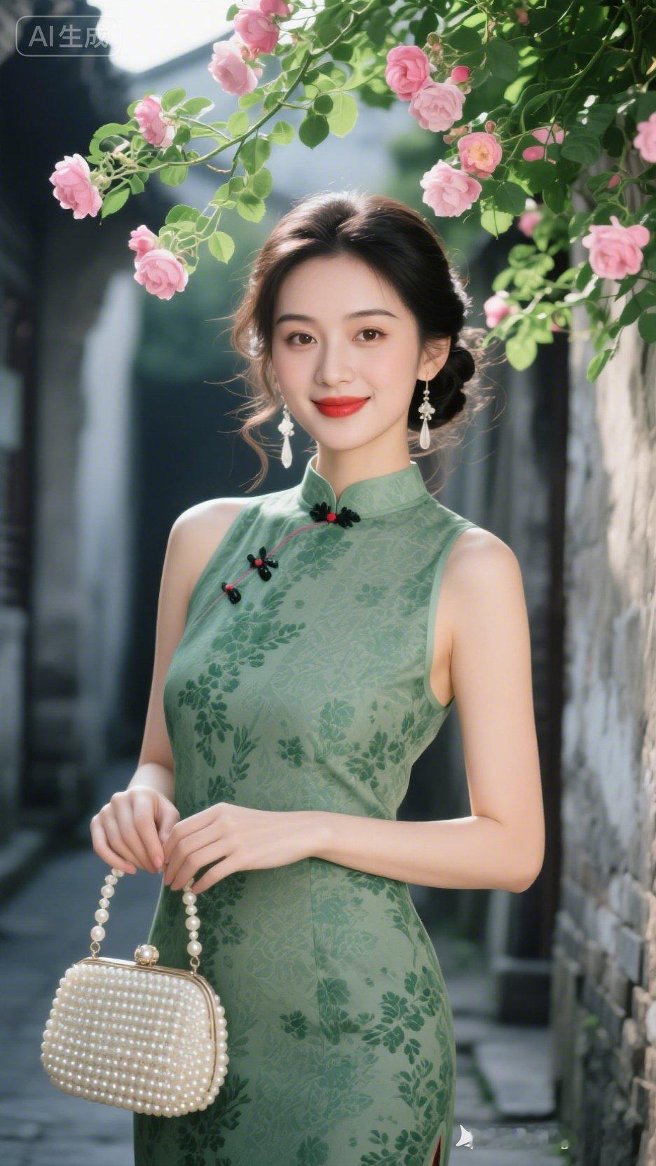 优雅旗袍少女，漫步在花海中，尽显东方韵味。