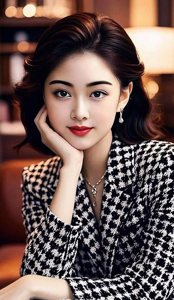 优雅气质，黑白格纹外套，精致妆容，都市时尚风