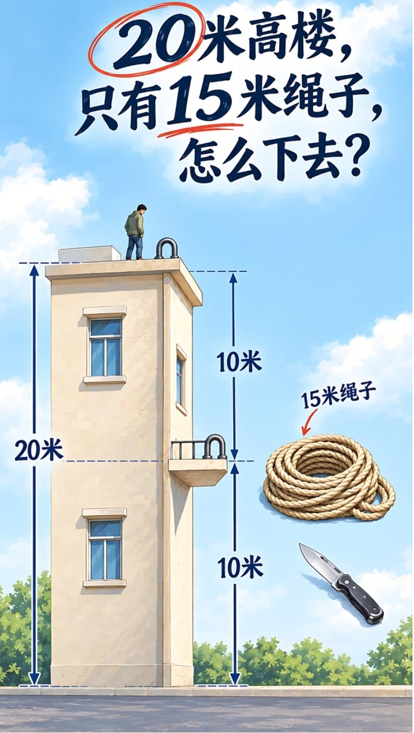 20米高的楼，绳子只有15米，还有一把刀，怎么安全下来？
中间10米处有个带挂钩