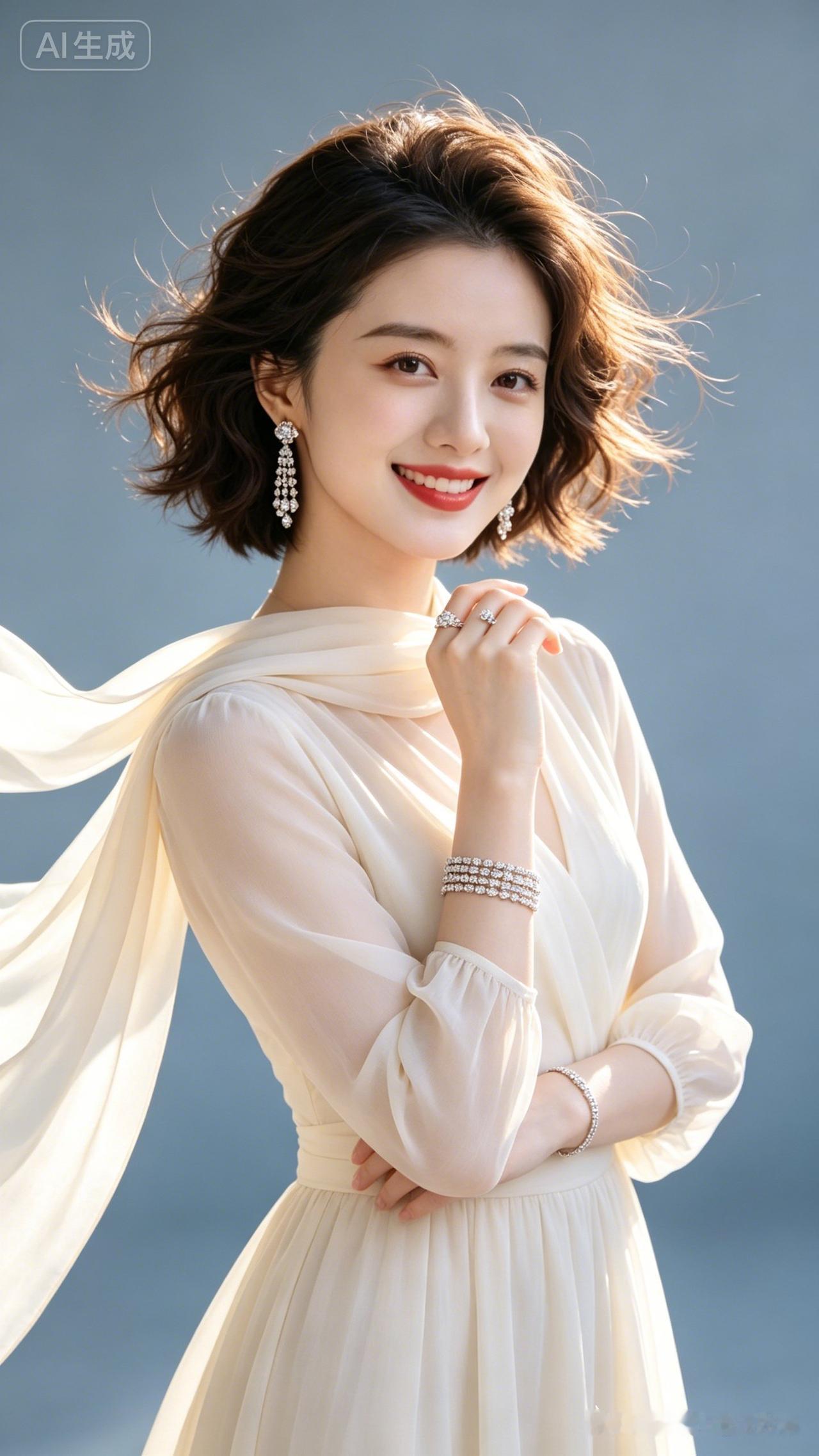 温婉精致的东亚女子留棕褐蓬松羊毛短发，发丝随风轻扬，清透妆容衬着明艳红唇。身着米