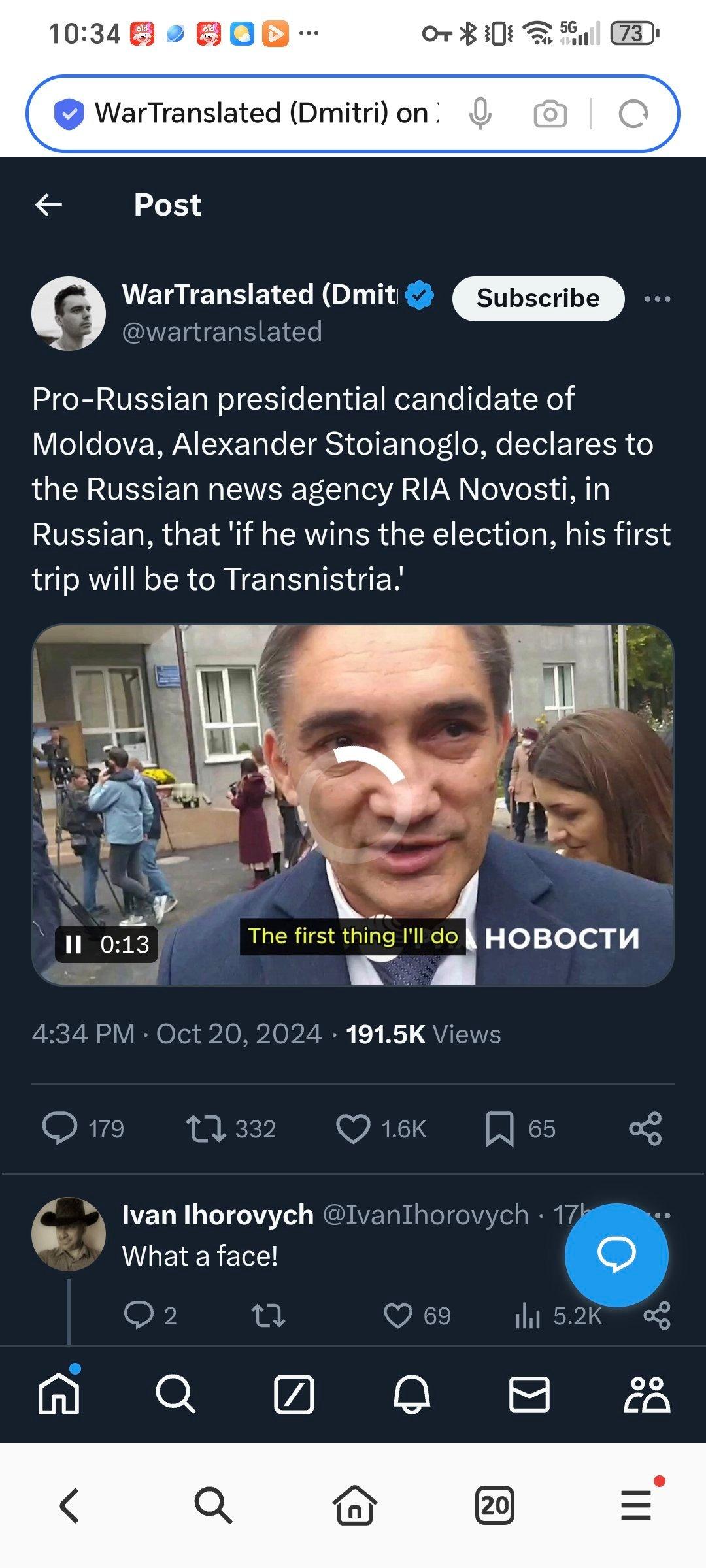 摩尔多瓦亲俄总统候选人亚历山大-斯托亚诺格罗用俄语向俄罗斯 RIA Novost