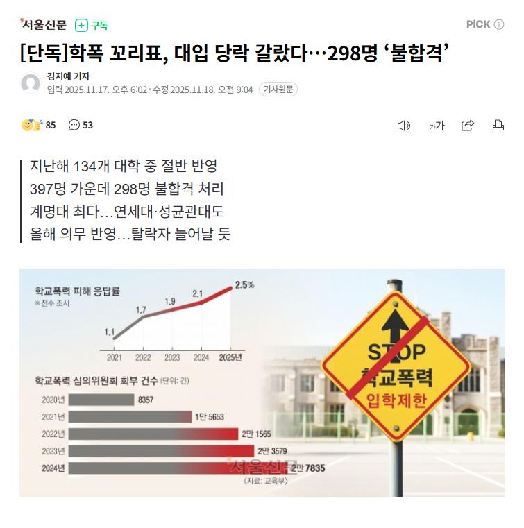 【韩国“校园暴力”标签成升学高压线：298名高考生因过往记录被大学拒之门外】 在