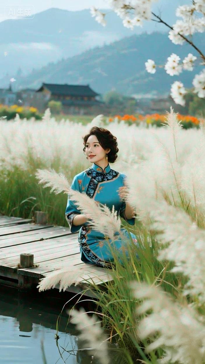七绝●美景如画/古韵   

池边苇白菊花红，
远处山林罩雾中。
古镇经风历雨久