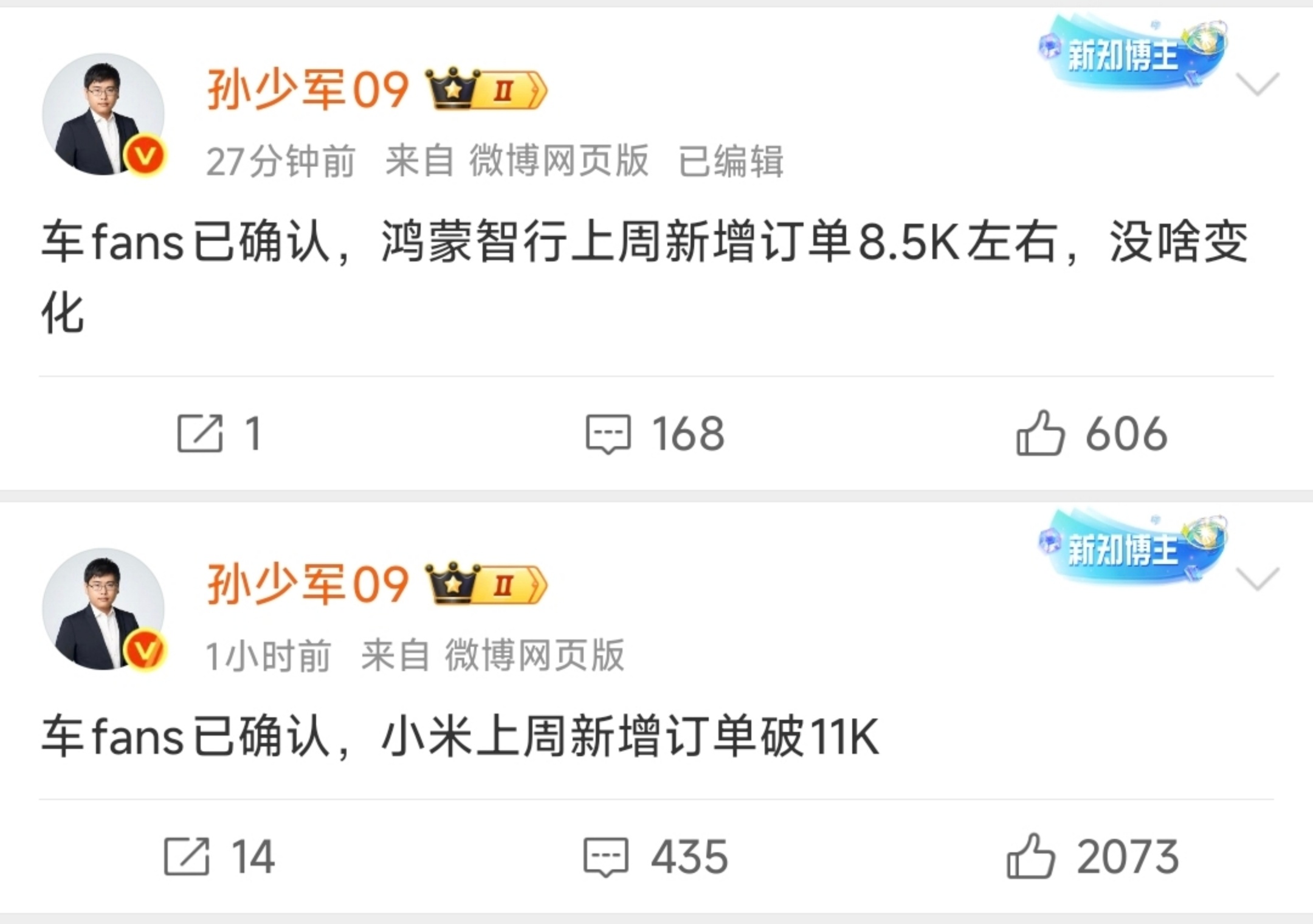 最新：小米周订单破11K，鸿蒙智行8.5K左右。上周，小米10K，鸿蒙智行8.5