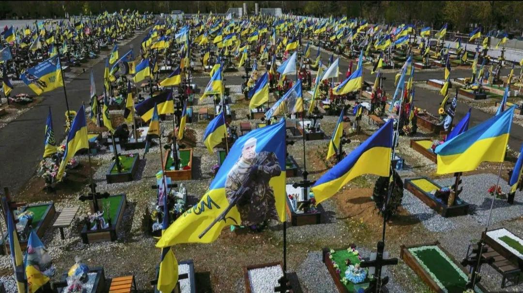 这张图片是俄乌冲突的乌克兰阵亡军人公墓，画面中成片的墓碑上插满了乌克兰蓝黄双色国
