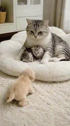 恰巧闺蜜临时出差，只好把自家小奶狗暂时寄养过来。小奶狗一进门，就撞见猫妈妈温柔搂