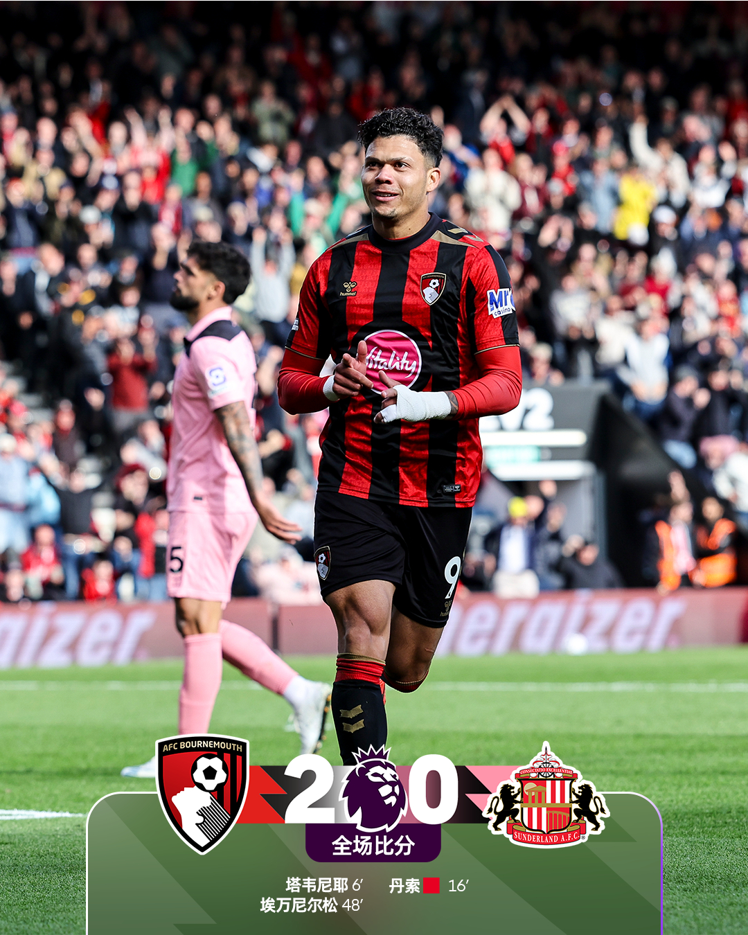 全场比分 | 伯恩茅斯 2-0 桑德兰 ⚽第6分钟，塔韦尼耶禁区中路鱼跃头球破门