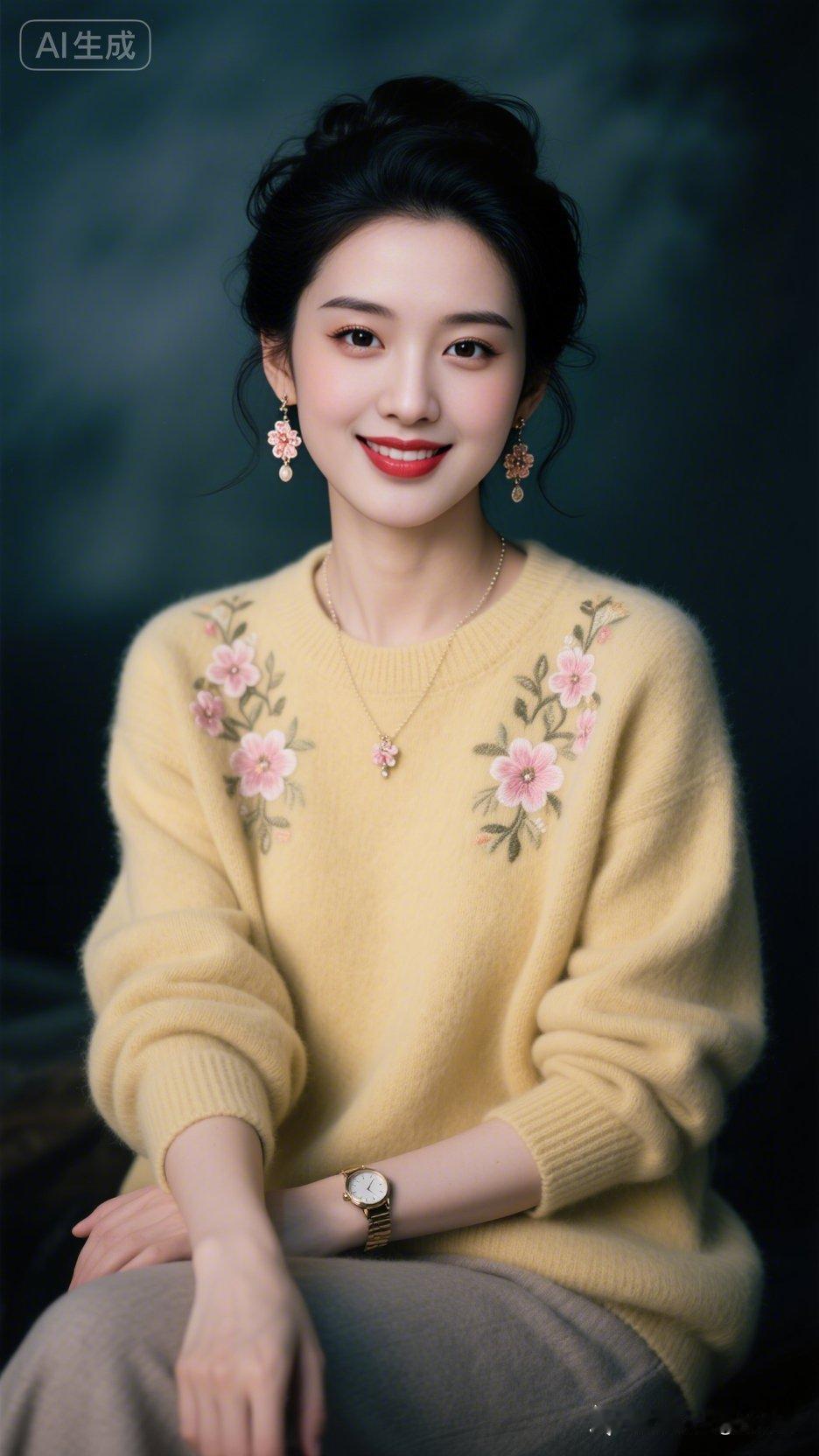 温柔甜美的少女，黄色毛衣搭配粉色花朵，尽显优雅气质。