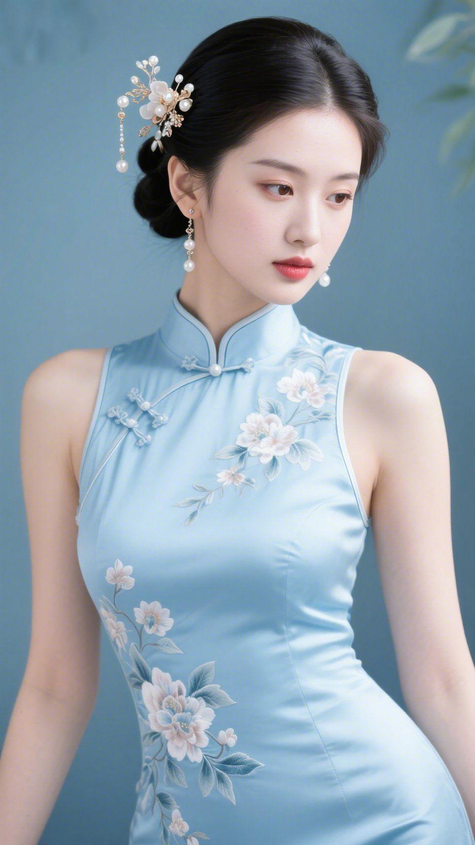 天青裁春
 
像掬一捧雨后的天青，裁作她身畔的裙。
 
缎面裹着软润的光，绣线勾