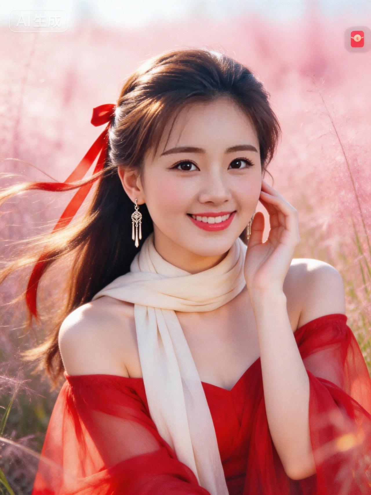 红衣美人倚花笑，风姿绰约似仙子。