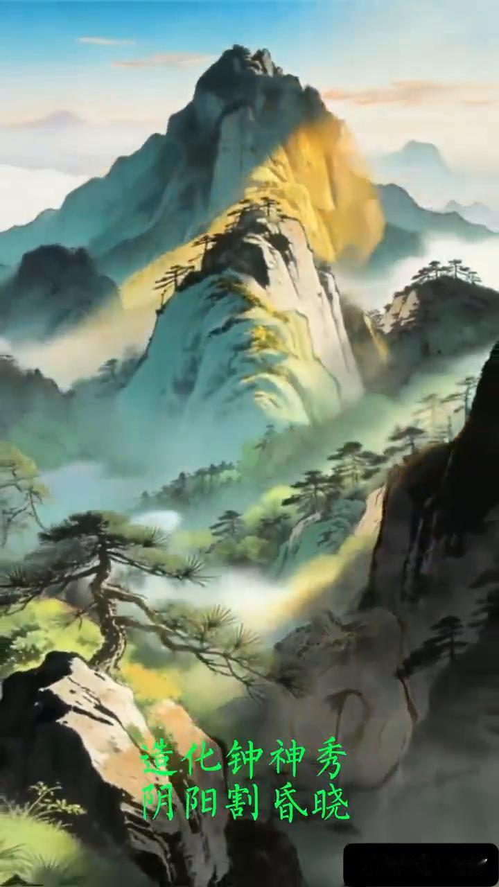 《望岳》杜甫。
《望岳》杜甫。
岱宗夫如何，齐鲁青未了。
造化钟神秀，阴阳割昏晓