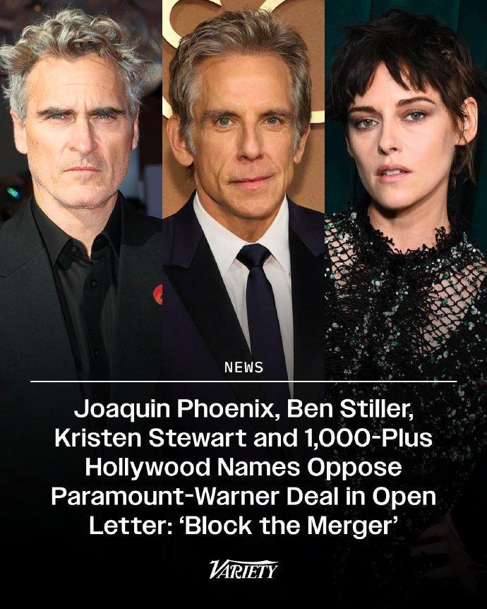 超千名好莱坞名人反对派拉蒙华纳合并 据外媒，华金·菲尼克斯、本·斯蒂勒、克里斯汀