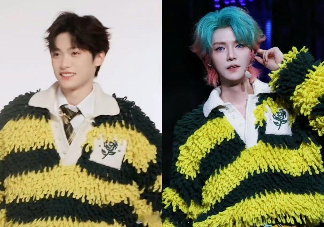 梓渝跟鹿晗的同款黄色和黑色间隔毛毛虫款套头毛衣，两位都是男顶流啊，客观评价一下，