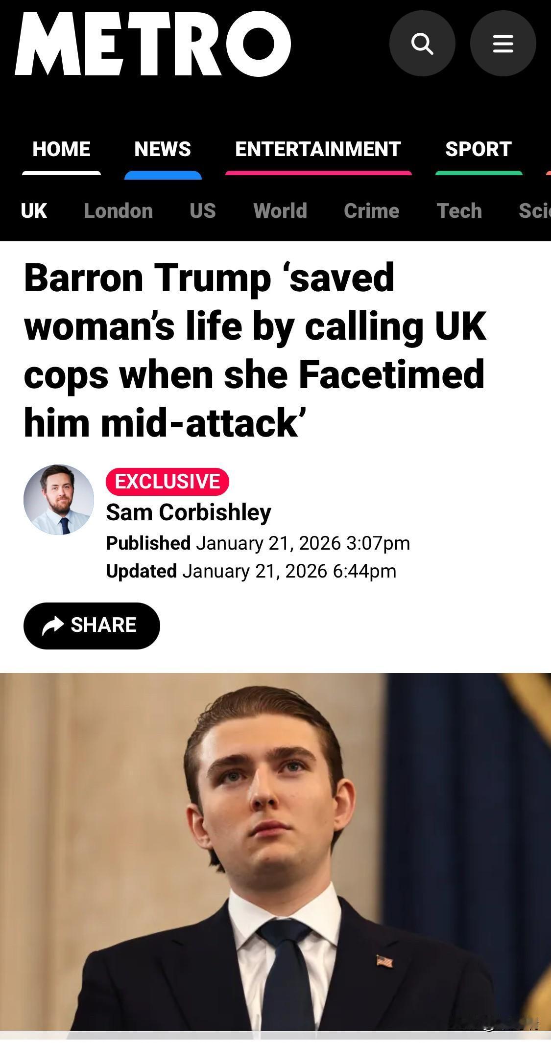 最新消息：据1月21日英国《地铁报》报道，巴伦·特朗普因在英国救了一名遭到前男友