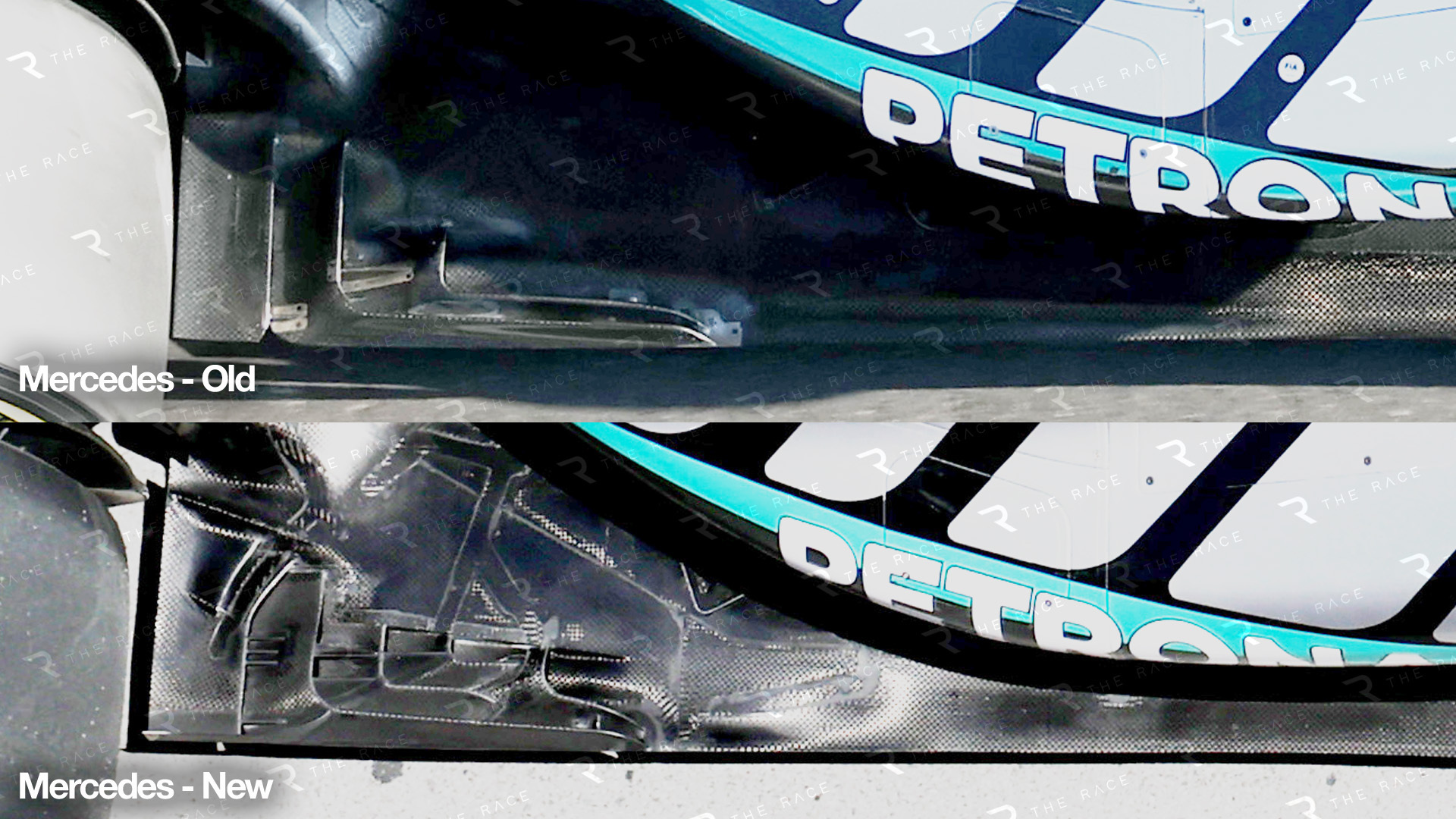 F1 梅赛德斯在2026F1加拿大大奖赛 升级后的底板边缘极其复杂的设计。 