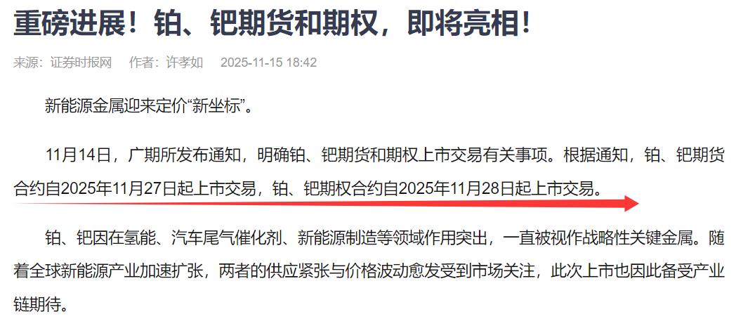 铂、钯期货合约将于1月27日起上市交易，铂、钯期权合约11月28日起上市交易。有
