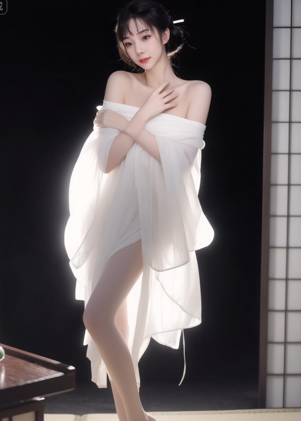 温柔的光影下，少女轻纱裹身，宛如梦境中的仙子。