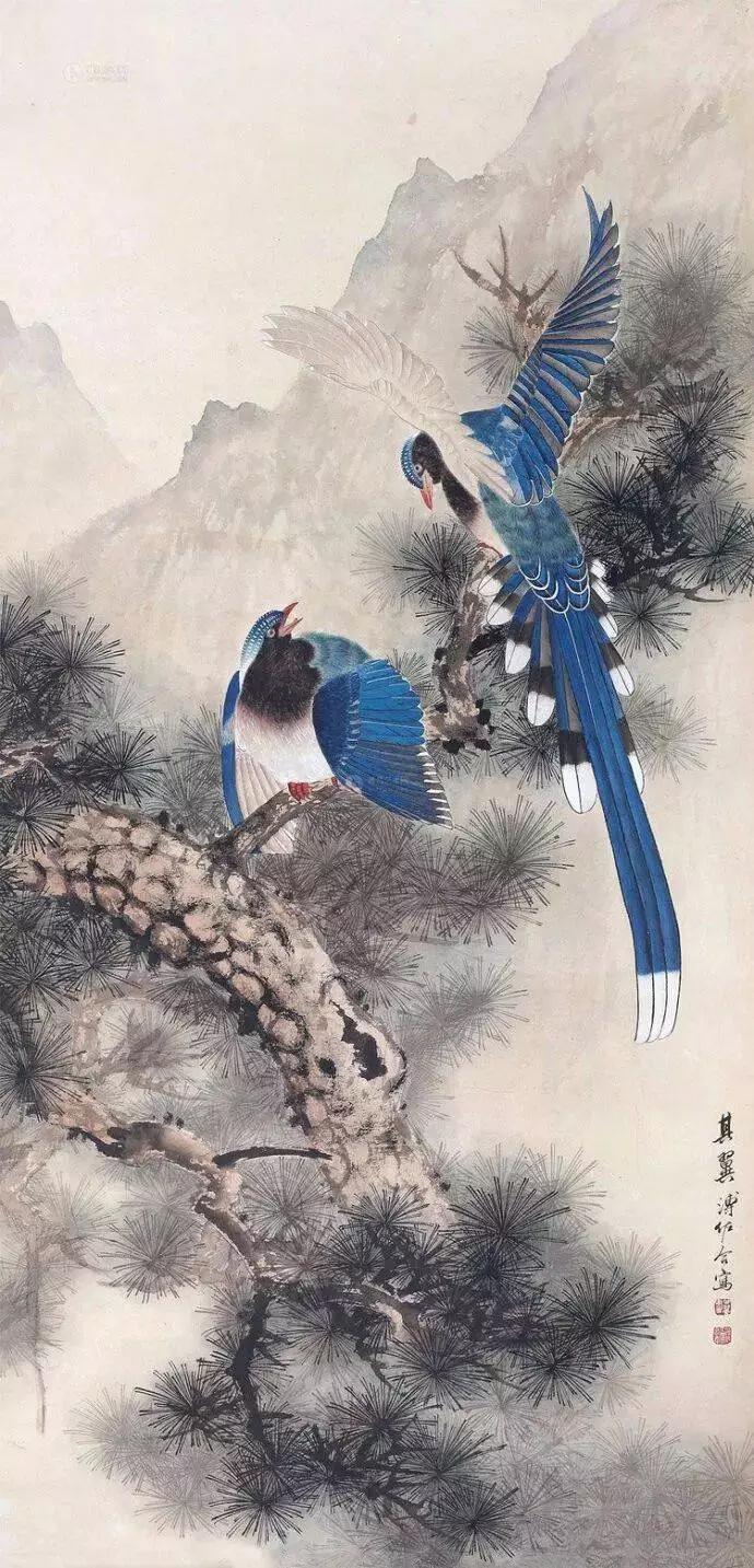 晒晒你喜欢的绘画作品作者加速成长计划这幅绘画作品我非常的喜欢，只见两只鸟儿在松树