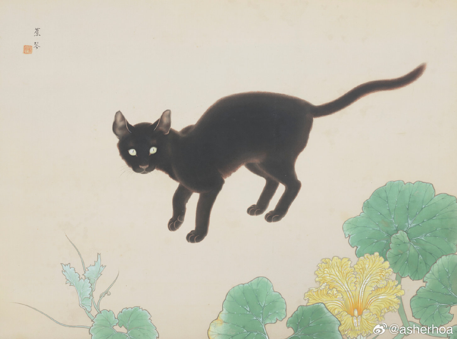 日本画家勝田蕉琴（1879-1963）的作品《黑猫与西番莲》。 