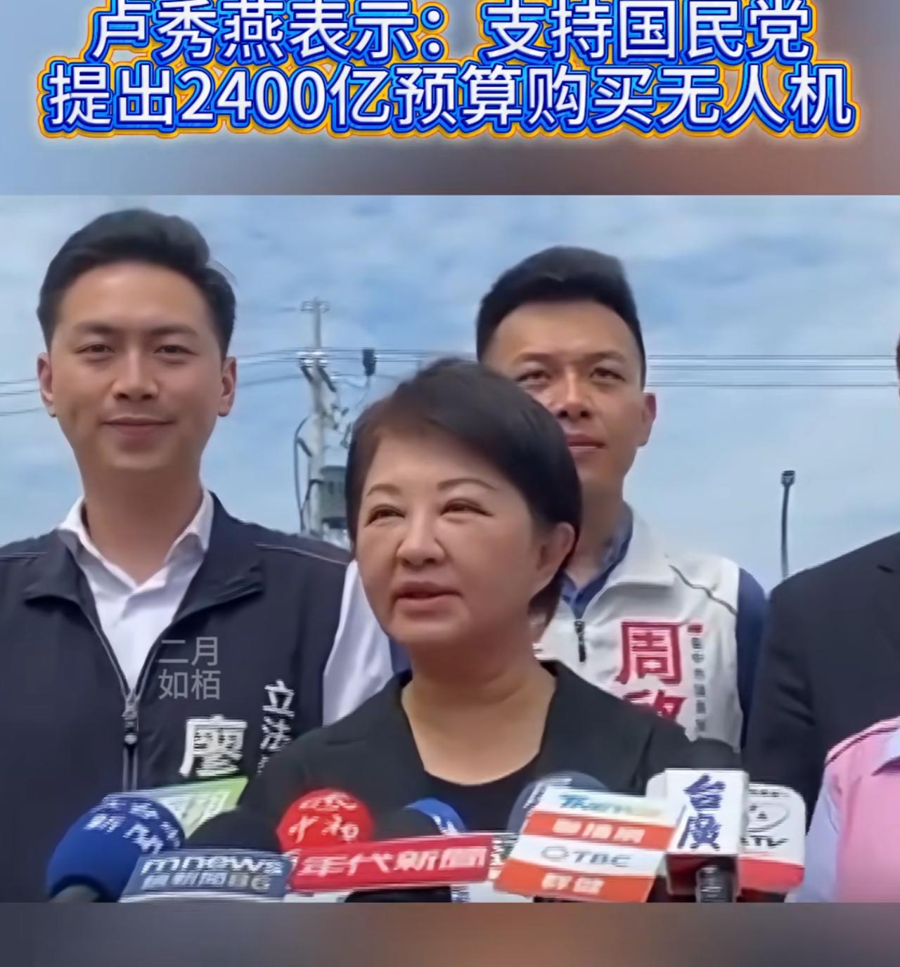 台湾的台中市长卢秀燕公开表示：支持国民党提出的2400亿新台币预算用来购买无人机