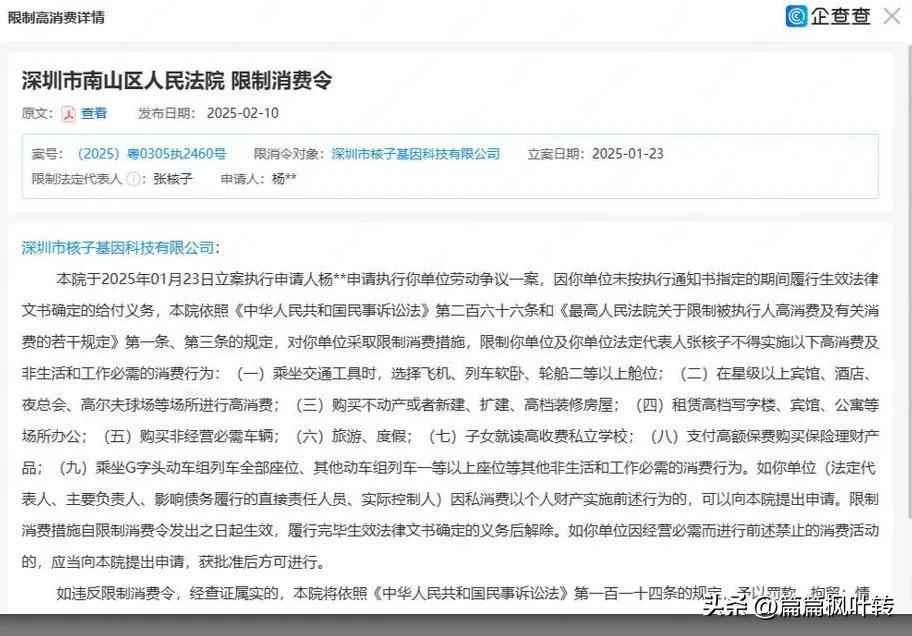 张核子被限高消费，今年1月该公司因未按期履行法律文书而被高限。
信息来源，大象新