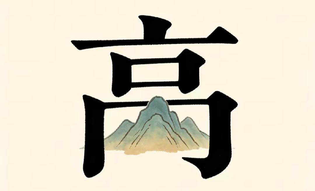 这张图片展示了一个“高”字，背景是山。看字猜词语这个组合很有意义，是什么词语呢？
