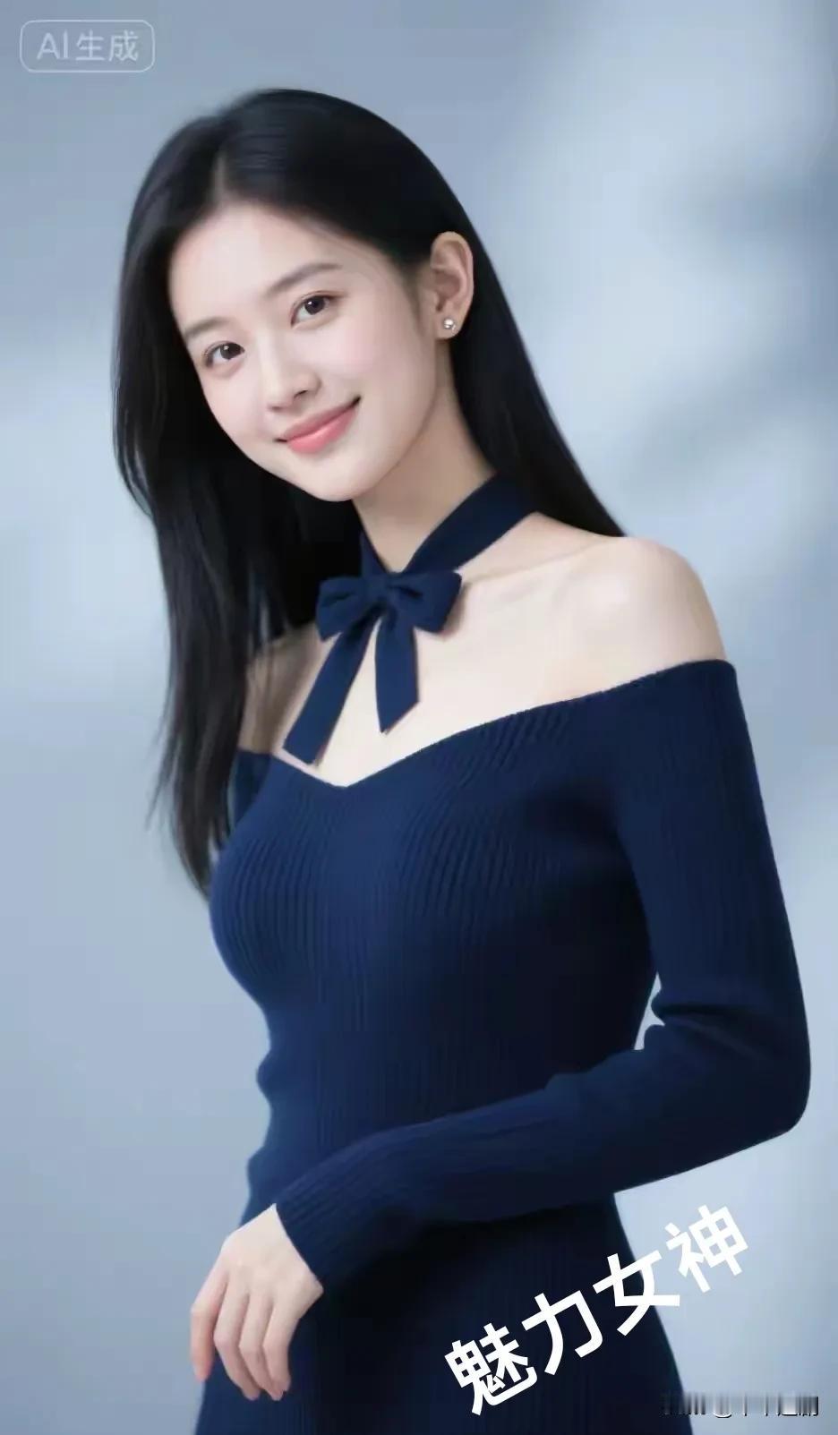 女人味是指女人什么?
她身着藏蓝露肩针织裙，颈间蝴蝶结系出优雅风情，长发垂落，浅