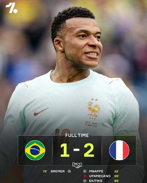巴西1比2法国姆巴佩破门  3月27日凌晨4时，友谊赛巴西vs法国。上半场，登贝