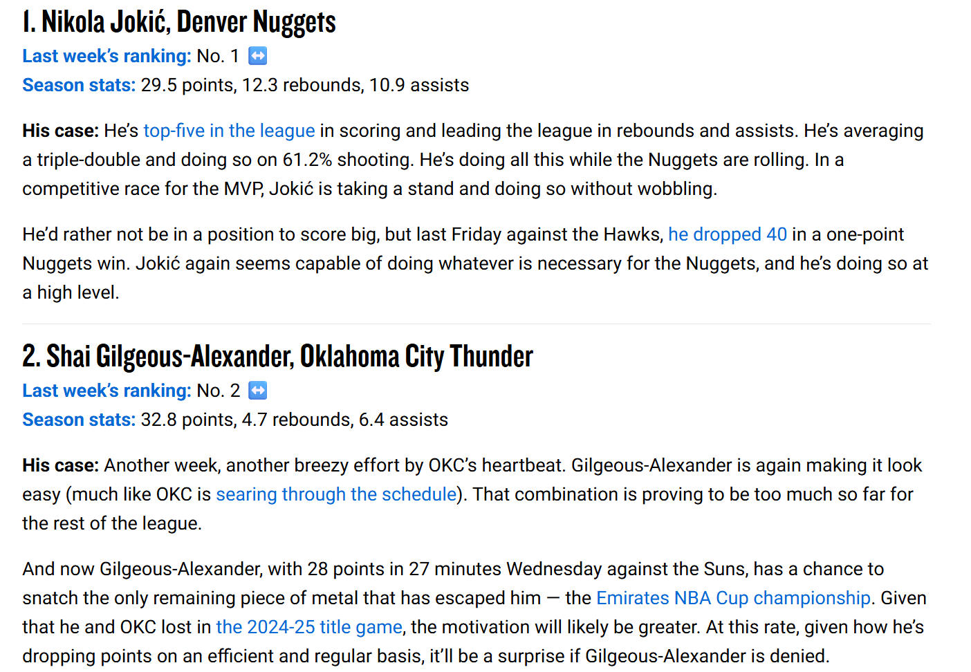 NBA官方最新一期MVP排行榜，依旧是约基奇第一，亚历山大第二，3-5位是东契奇