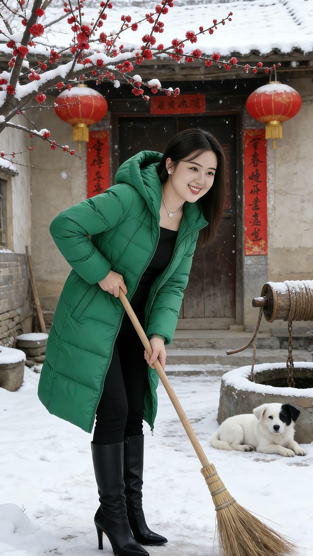 冬日暖阳下，红灯笼映衬着笑颜如花的她，小狗依偎身旁，岁月静好。