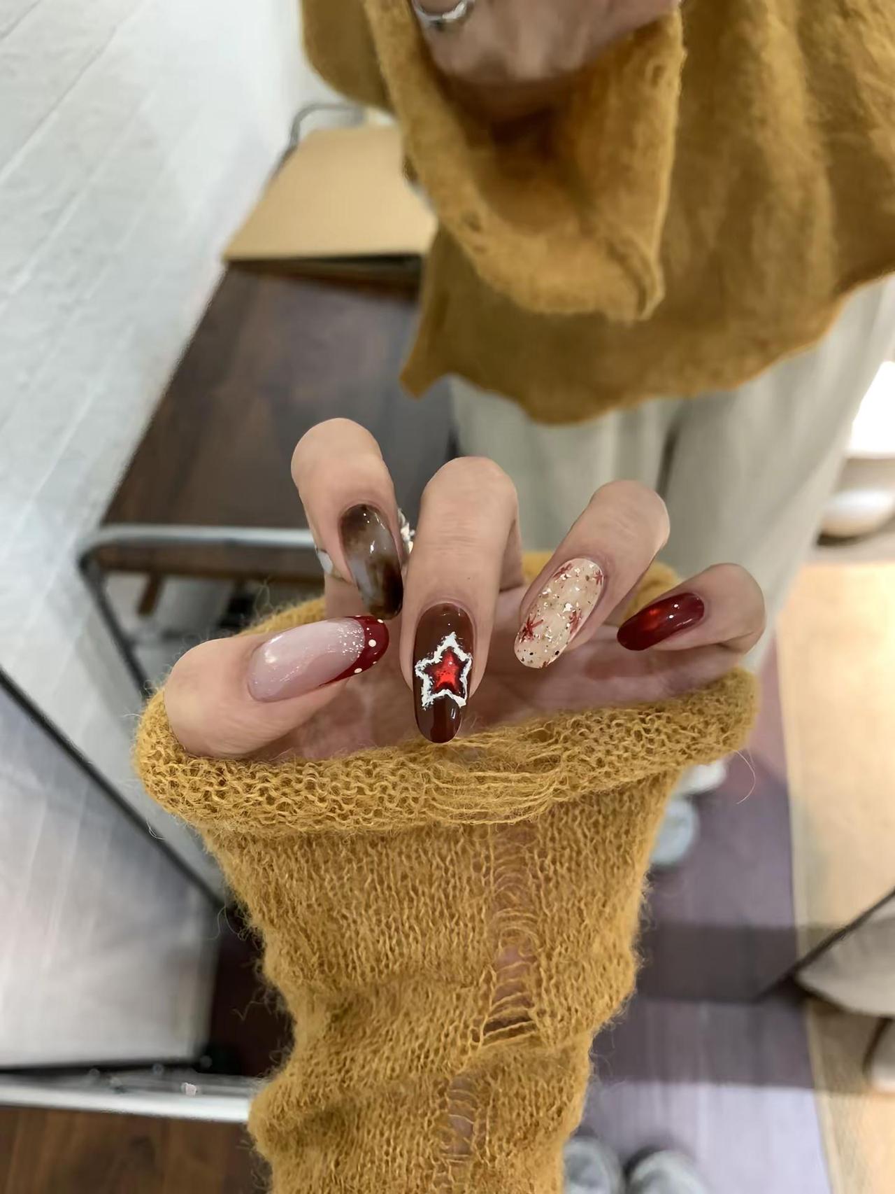 ❤️‍🔥🍁🌟复古红星。美甲 新年美甲 秋冬美甲 红色美甲