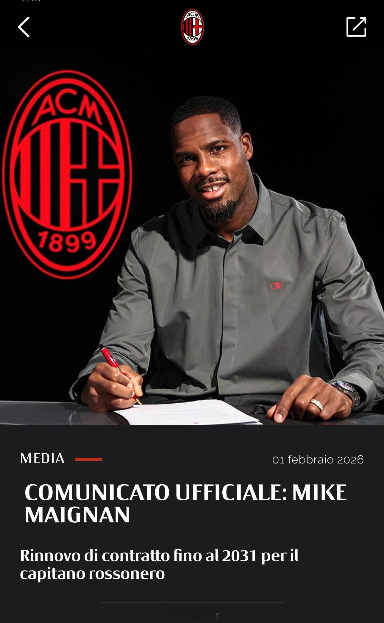 【官宣】麦尼昂官宣续约，AC米兰荣幸地宣布，与迈克·迈尼昂完成续约，新合同有效期