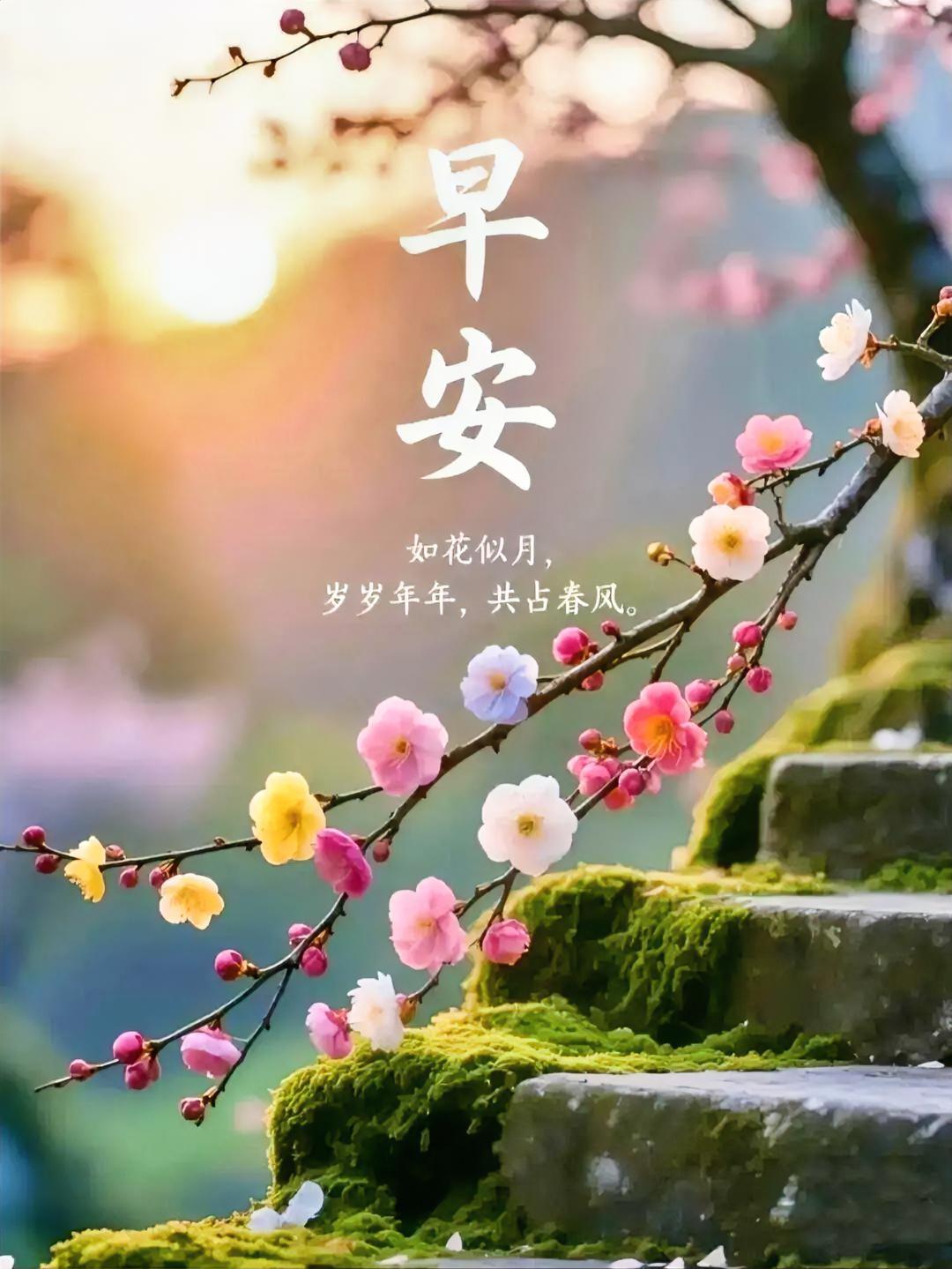 早安！如花似月，岁岁年年，共占春风，不负这满枝温柔与晨光。